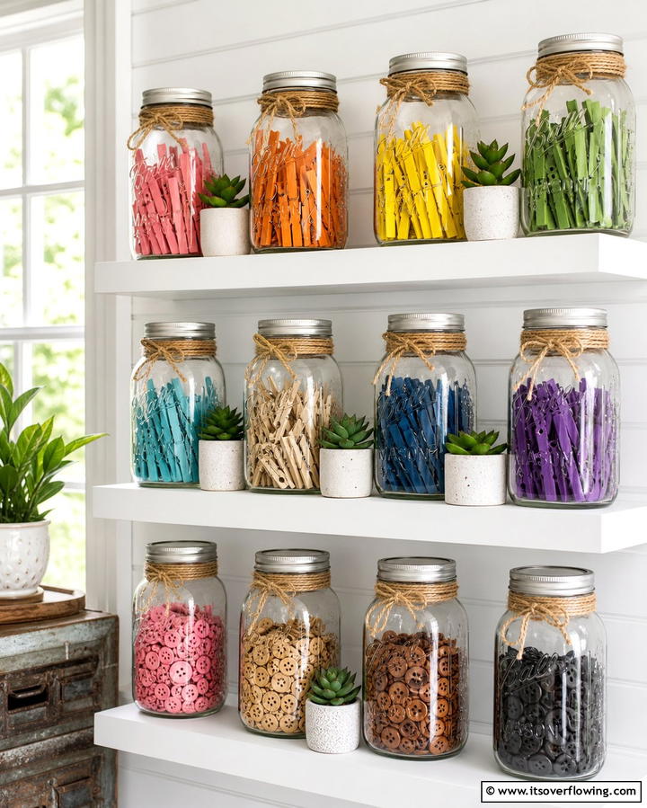 Mason Jar Storage for Small Items - 25 Farmhouse Laundry Room Ideas for Function and Style
