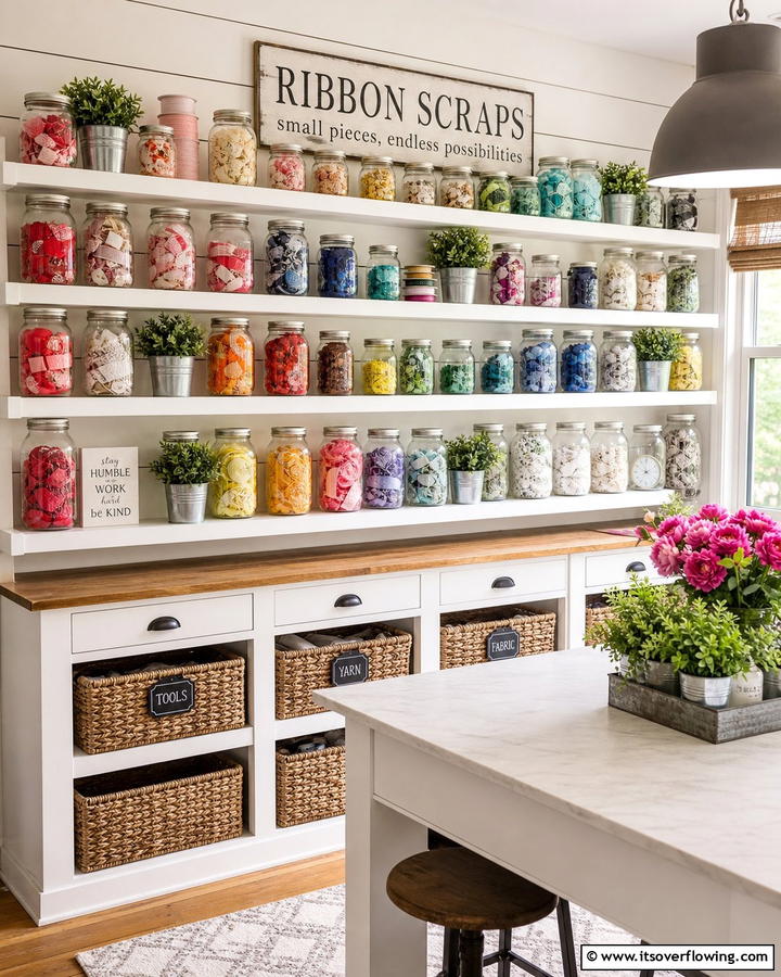 Mason Jars for Ribbon Scraps - 20 Ribbon Storage Ideas- Organize Your Craft Supplies