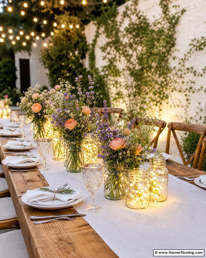 Mason Jars with Fairy Lights and Flowers - 25 Centerpiece Ideas for Stunning Table Decor