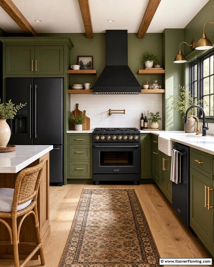 Matte Black Appliances with Olive Green Walls - 25 Black and Green Kitchen Ideas for Bold Design