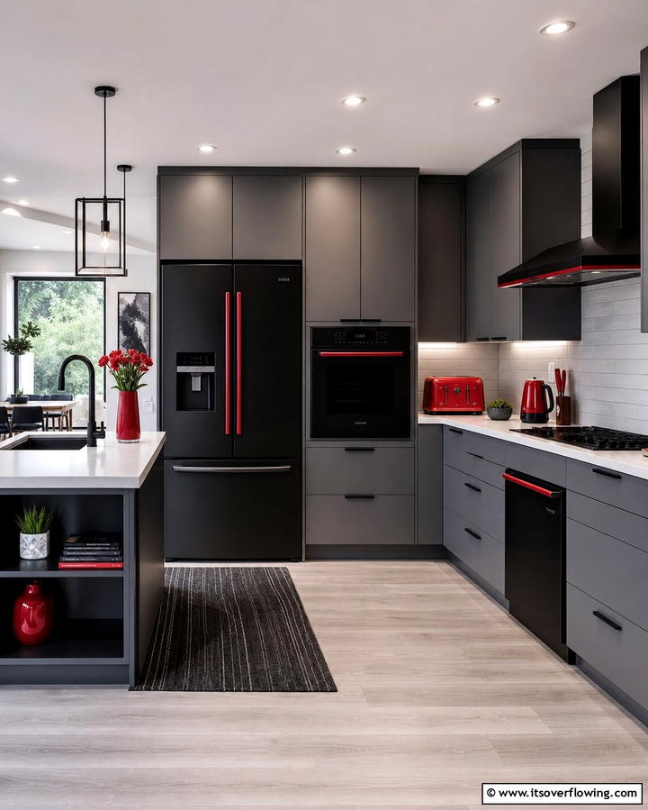 Matte Black Appliances with Red Accents - 25 Red and Black Kitchen Ideas for a Bold Look