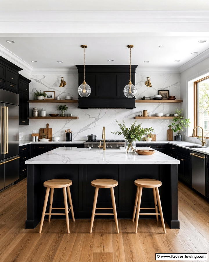 Matte Black Cabinets With Marble Inspired White Countertops - 20 Black Kitchen Cabinets With White Countertops Ideas