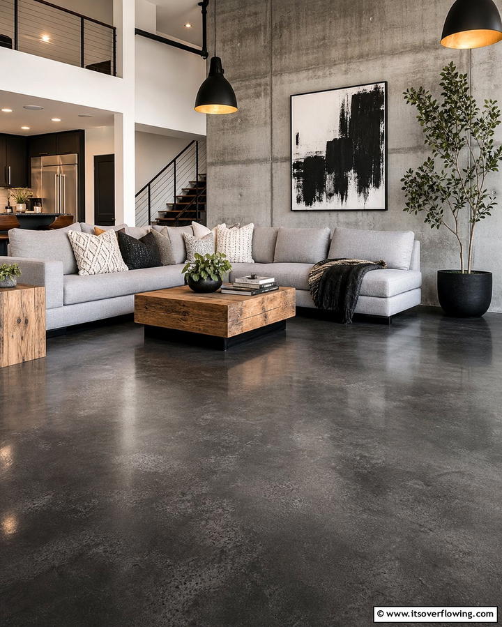 Matte Black Concrete Flooring - 25 Black Floor Living Room Ideas for a Modern Aesthetic