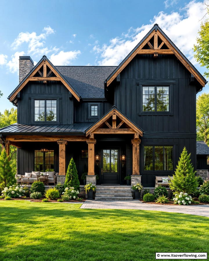 Matte Black Facade with Rustic Wooden Beams - 25 Black Modern Farmhouse Exterior Design Ideas