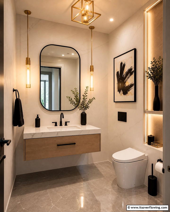 Matte Black Fixtures with Golden Lighting - 25 Luxurious Black and Gold Powder Room Ideas for Elegance