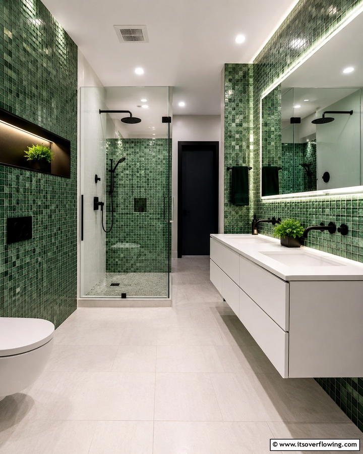 Matte Black Fixtures with Green Mosaic Tiles - 25 Black and Green Bathroom Ideas for Bold Style
