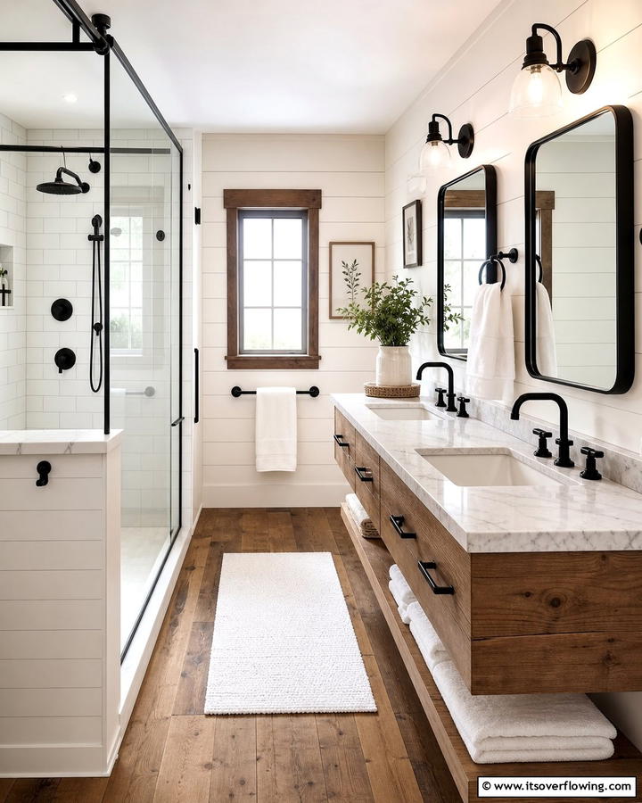 Matte Black Hardware - 21 Modern Farmhouse Bathroom Ideas Blending Rustic Charm