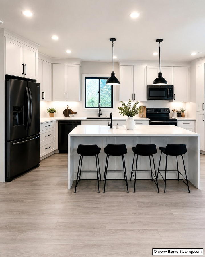 Matte Black Hardware for Cohesion - 30 White Kitchen Designs with Bold Black Appliances