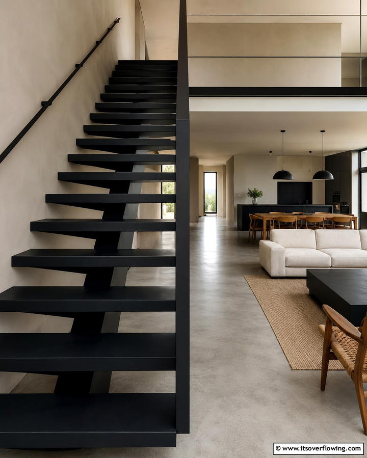 Matte Black Minimalist Staircase - 25 Black Staircase Ideas for Modern Homes
