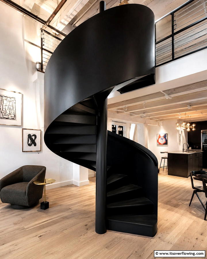 Matte Black Spiral Staircase - 25 Black Staircase Ideas for Modern Homes