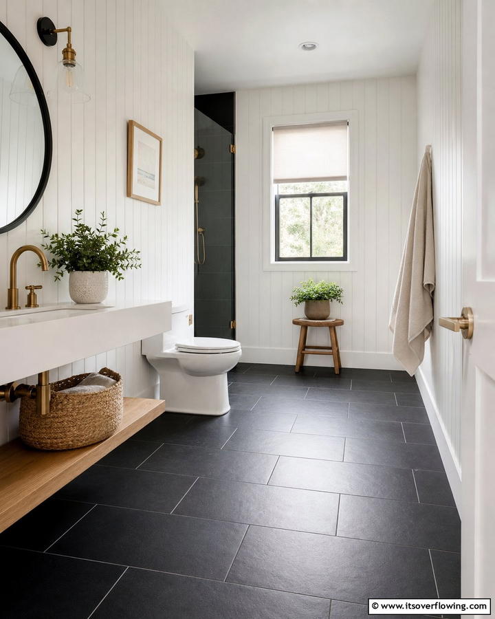 Matte Black Tiles with White Shiplap Walls - 20 Black Floor Bathroom With White Walls Ideas for Contrast
