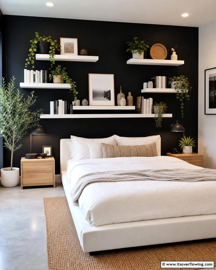 Matte Black Wall with Floating Shelves - 25 Black Accent Wall Bedroom Ideas for Drama