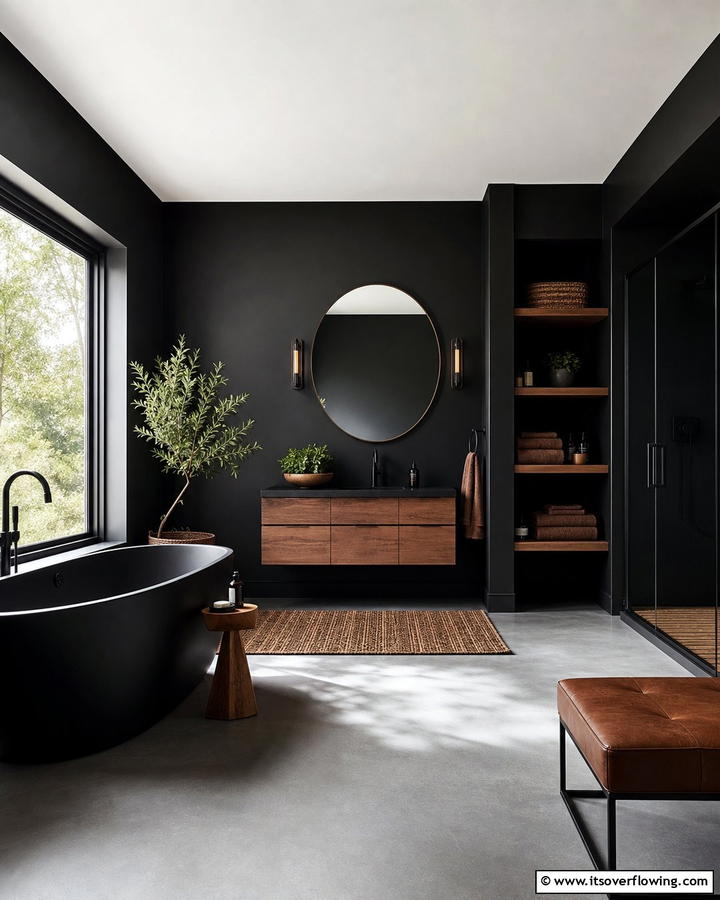 Matte Black Walls with Brown Accents - 20 Modern Brown and Black Bathroom Ideas for a Bold Design