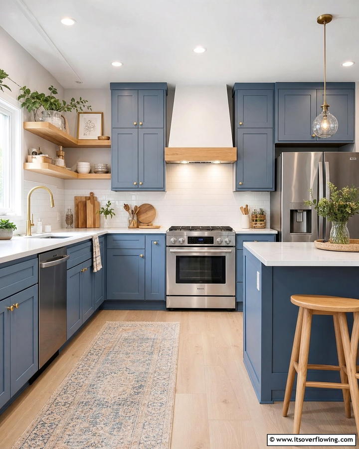 Matte Blue Cabinets with Brushed Gold Knobs - 25 Blue Kitchen Cabinets With Gold Hardware for a Luxe Look