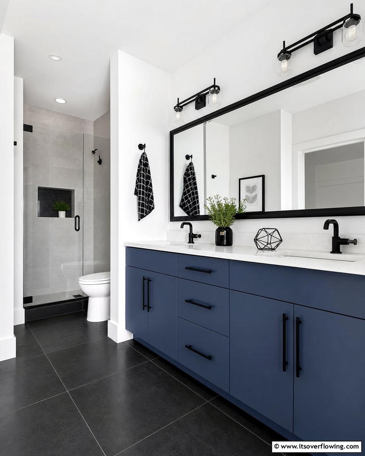 Matte Blue Vanity with Black Hardware - 25 Stunning Blue Bathroom Vanity Ideas