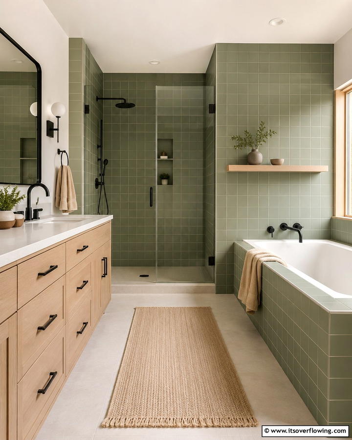 Matte Green Square Tiles - 30 Green Bathroom Tile Design Ideas for a Refreshing Oasis