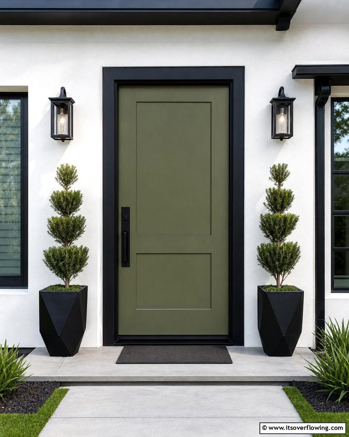 Matte Olive Green Door with Black Trims - 20 Stunning Dark Green Front Door Ideas for Curb Appeal