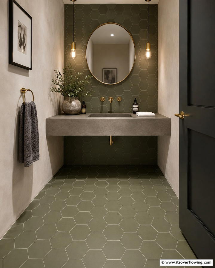 Matte Olive Green Hexagon Tiles - 30 Green Bathroom Tile Design Ideas for a Refreshing Oasis