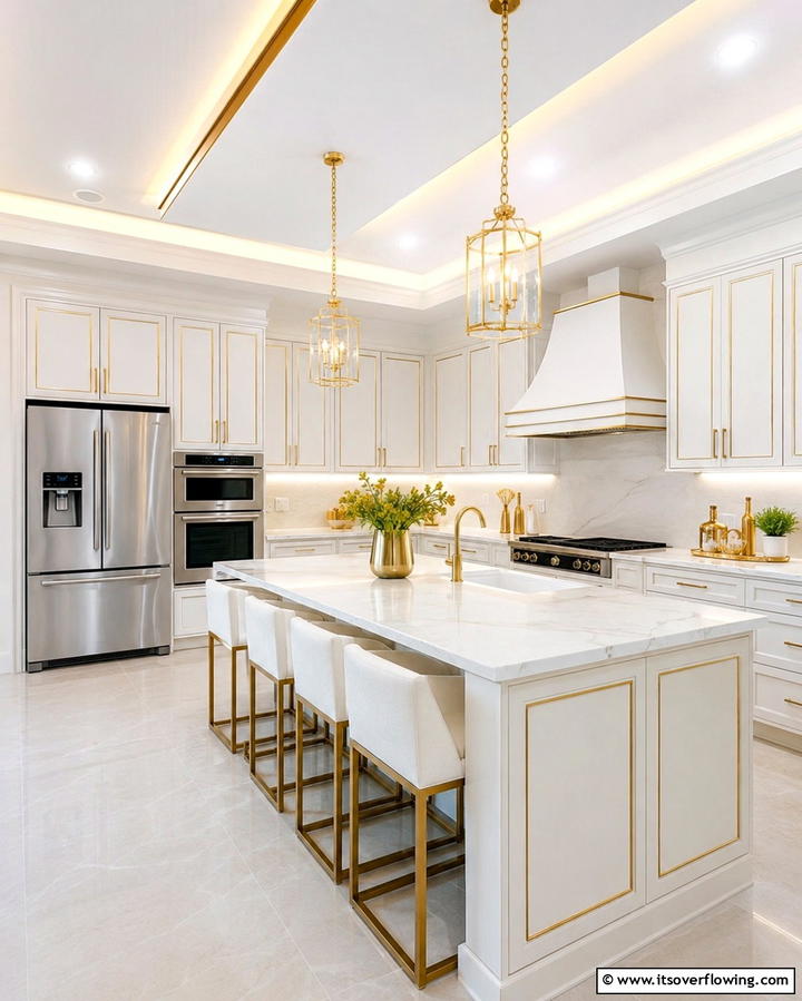 Matte White Cabinets with Gold Edge Detailing - 20 White Kitchen Cabinets With Gold Hardware Ideas