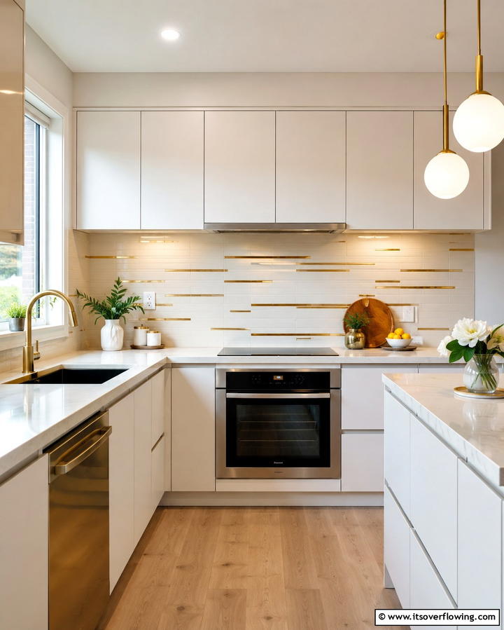 Matte White Tiles with Brushed Gold Stripes - 25 White and Gold Kitchen Backsplash Ideas for Elegance