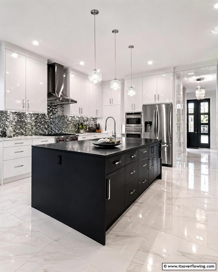 Matte and Glossy Textures - 20 White Kitchen Ideas With Black Island for Contrast