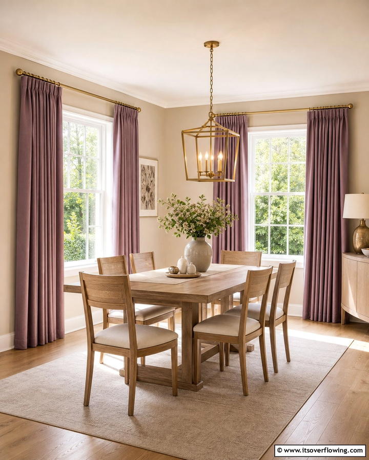 Mauve Curtains for Soft Elegance - 25 Purple Dining Room Ideas for a Luxurious Ambiance