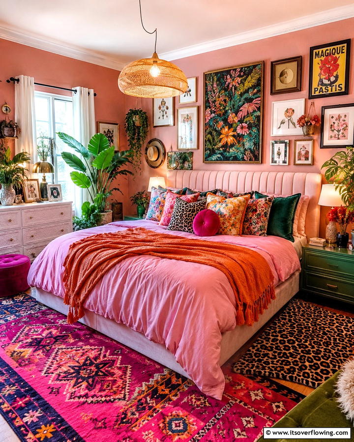 Maximalist Decor with Color Bursts - 30 Pink Boho Bedroom Ideas for a Chic and Cozy Retreat