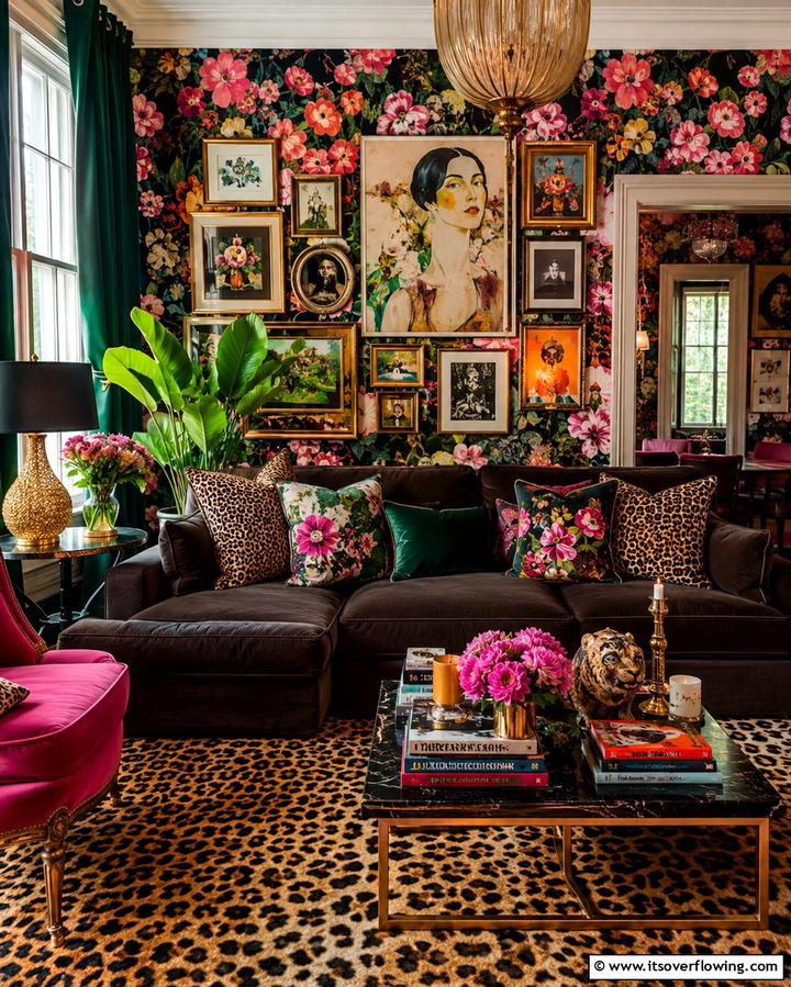 Maximalist Design with Bold Patterns - 30 Warm Dark Brown Couch Styling Ideas for Cozy Living Rooms