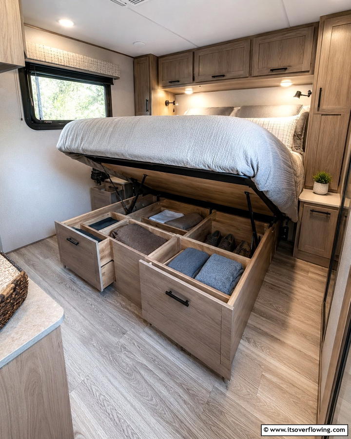 Maximize Storage with Under Bed Compartments - 25 RV Bedroom Ideas to Maximize Comfort on the Road