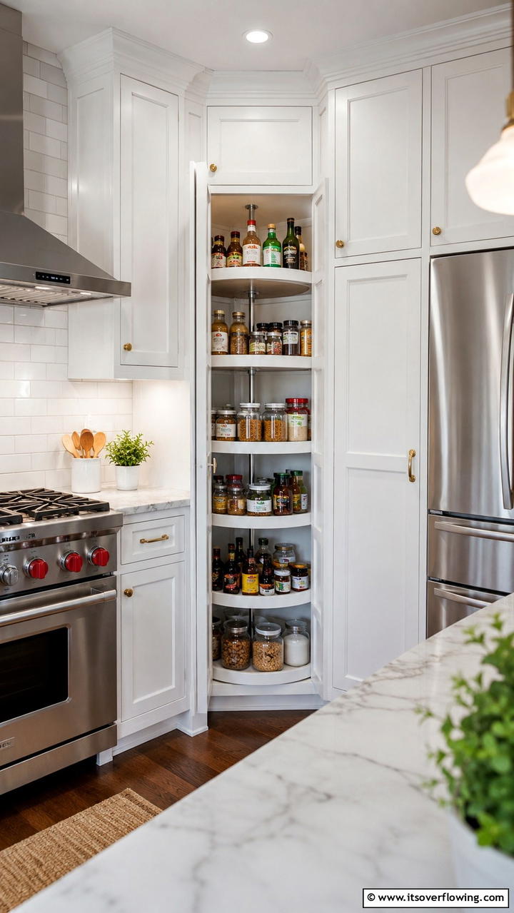 Maximized Corner Storage with Lazy Susan - 30 Corner Cabinet Ideas to Maximize Storage in Any Room
