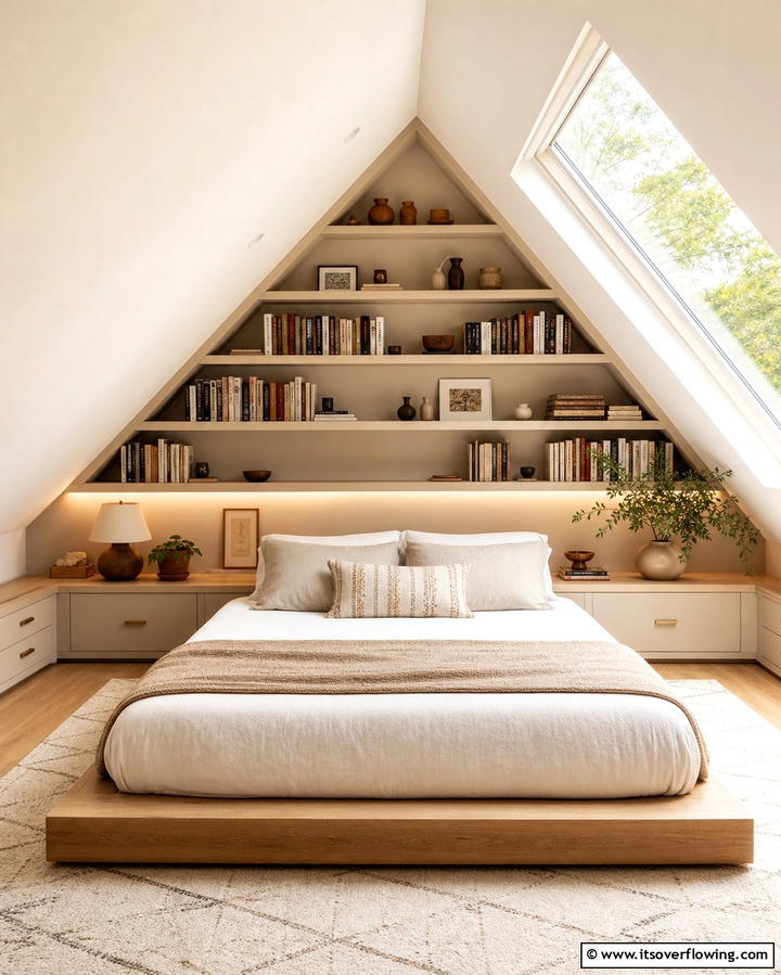 Maximizing Vertical Space with Built In Shelves - 25 Low Sloped Ceiling Bedroom Ideas for Unique Spaces