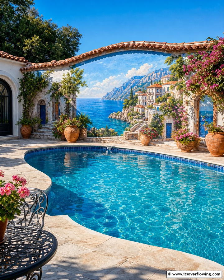 Mediterranean Coastal Charm - 20 Pool Mural Ideas to Enhance Your Backyard Oasis