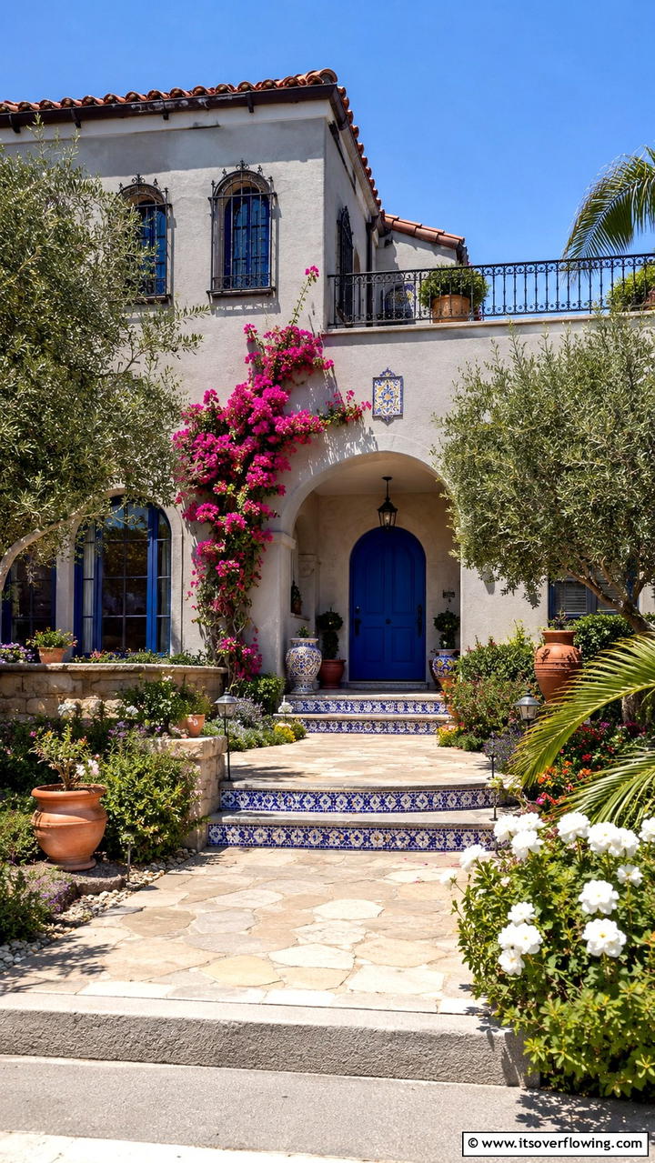 Mediterranean Escape - 30 Grey House With Blue Door Ideas- Charming Curb Appeal
