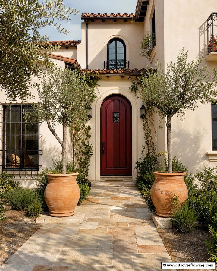 Mediterranean Flair with Dark Red and Arched Design - 25 Dark Red Front Door Ideas for a Bold Entrance