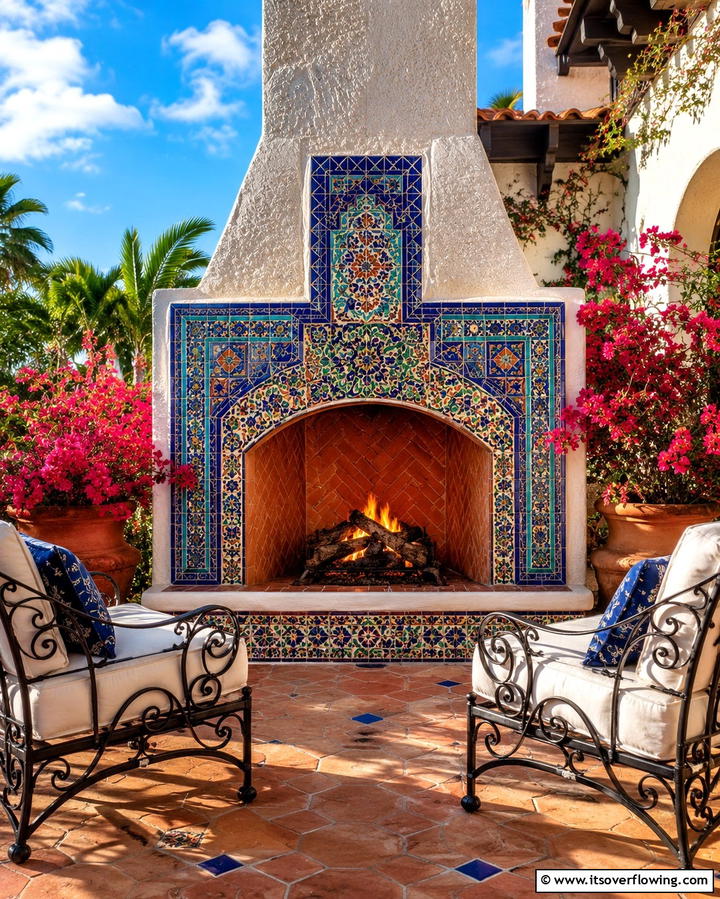 Mediterranean Inspired Fireplace with Mosaic Tiles - 25 Outdoor Corner Fireplace Ideas for Cozy Nights