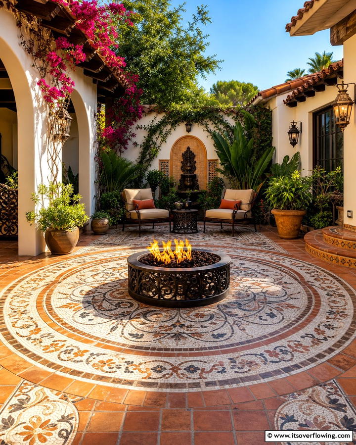 Mediterranean Inspired Patio with Mosaic Stamping - 25 Stamped Concrete Patio With Fire Pit Ideas