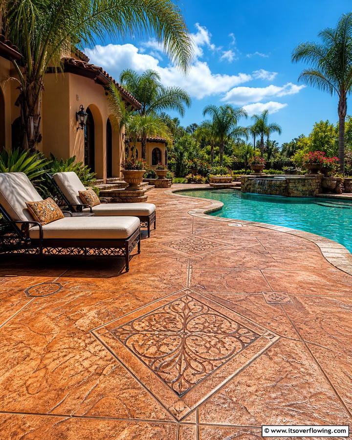Mediterranean Inspired Stamped Concrete - 25 Stamped Concrete Pool Deck Ideas for Durability