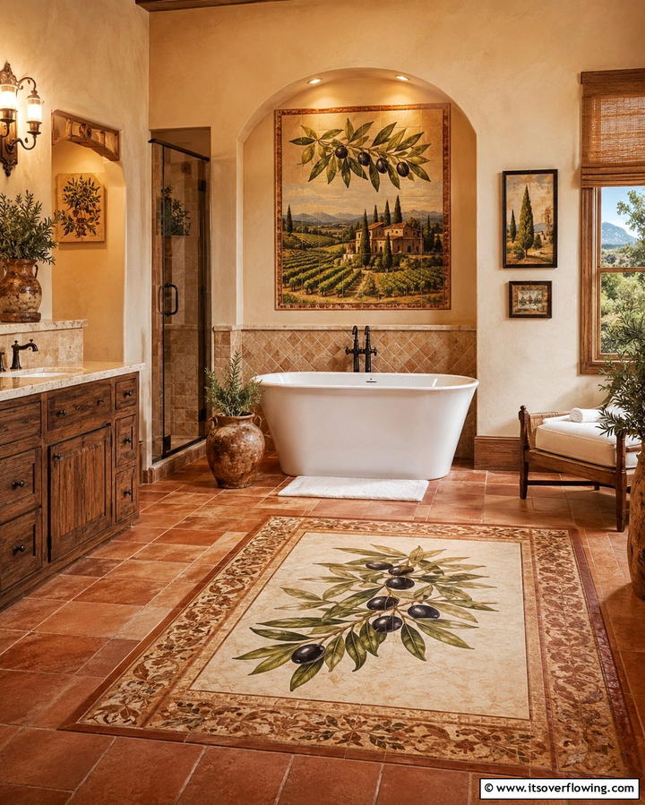 Mediterranean Inspired Wall Art - 20 Tuscan Bathroom Ideas for a Rustic Retreat