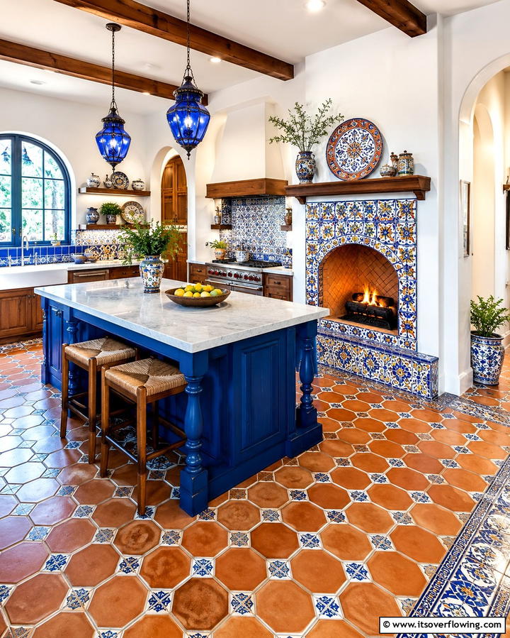Mediterranean Kitchen with a Tile Accented Fireplace - 25 Kitchens With Fireplaces for a Unique Cooking Space