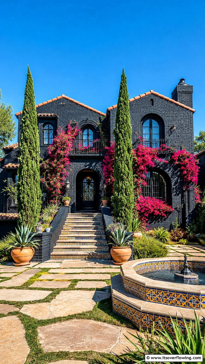Mediterranean Style Black Brick Home - 30 Black Brick House Exteriors for Bold Curb Appeal