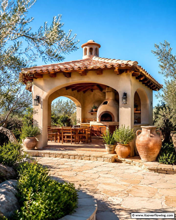 Mediterranean Style Gazebo with Clay Elements - 30 Outdoor Kitchen with Gazebo Ideas for All-Weather Cooking