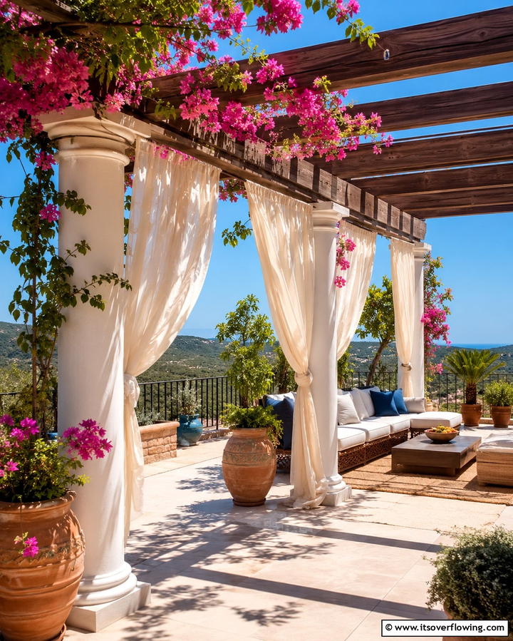 Mediterranean Style Pergola with Drapes - 25 Patio Pergola Ideas for Stylish Outdoor Living
