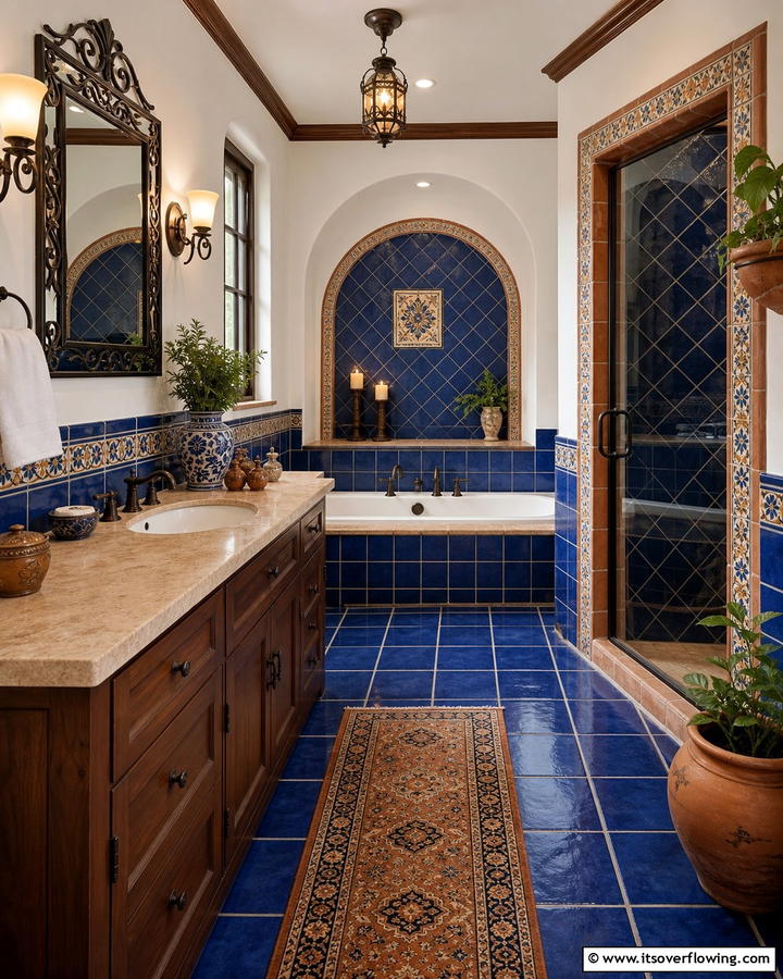 Mediterranean Style with Deep Blue Tiles - 25 Stunning Blue Tile Bathroom Ideas for a Fresh Look