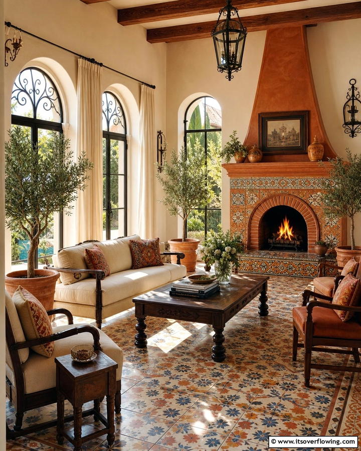 Mediterranean Sunroom with Terra Cotta Fireplace - 30 Sunroom With Fireplace Ideas for Year-Round Comfort