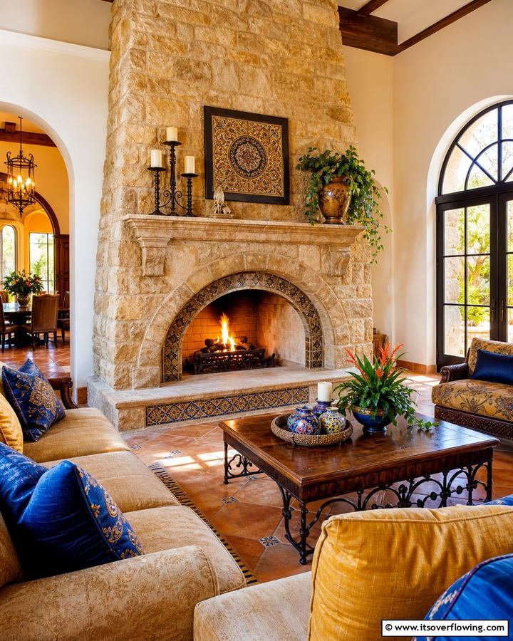 Mediterranean Warmth - 21 Rustic Stone Fireplace Designs for Cozy Living Rooms