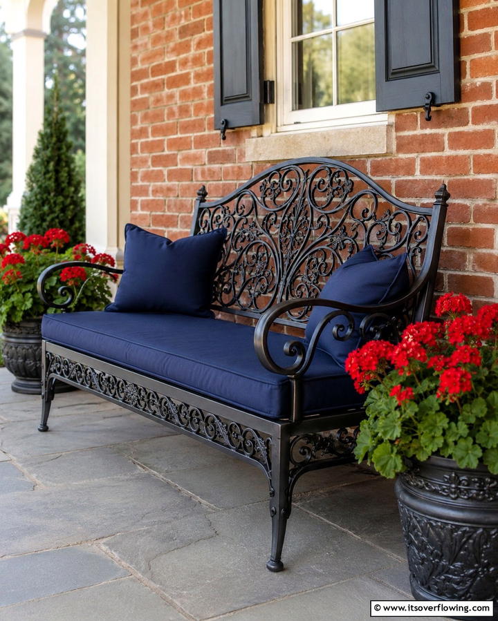 Metal Bench with Intricate Detailing - 25 Front Porch Bench Ideas for a Welcoming Entrance