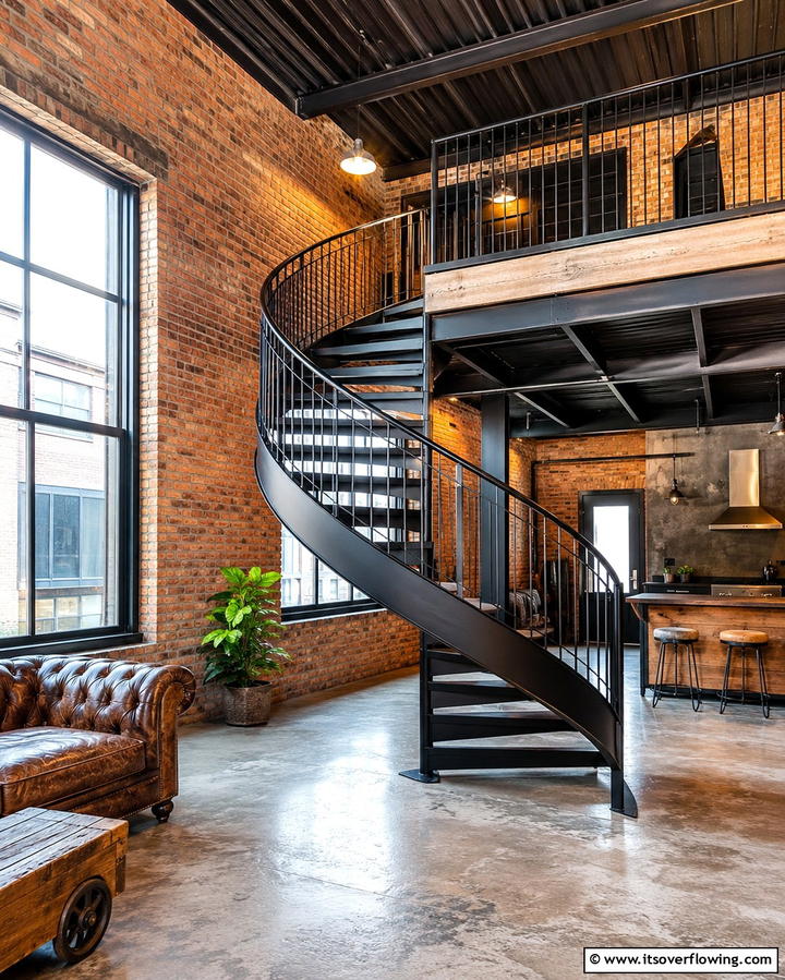 Metal Curved Stairs for Industrial Style - 30 Elegant Curved Staircase Designs to Elevate Your Home’s Style