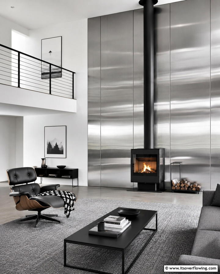 Metal Panels for a Sleek Finish - 30 Cozy Wood Stove Surround Design Inspirations