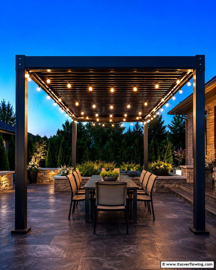 Metal Pergola with String Lights - 25 Patio Pergola Ideas for Stylish Outdoor Living