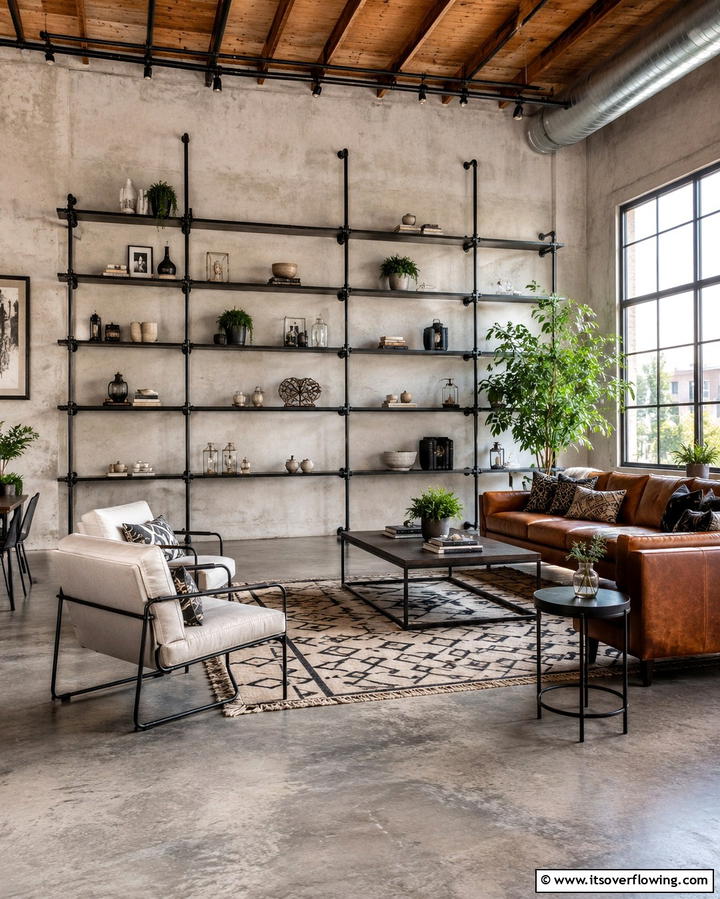 Metal Pipe Shelving - 30 Industrial Living Room Ideas with Urban Charm